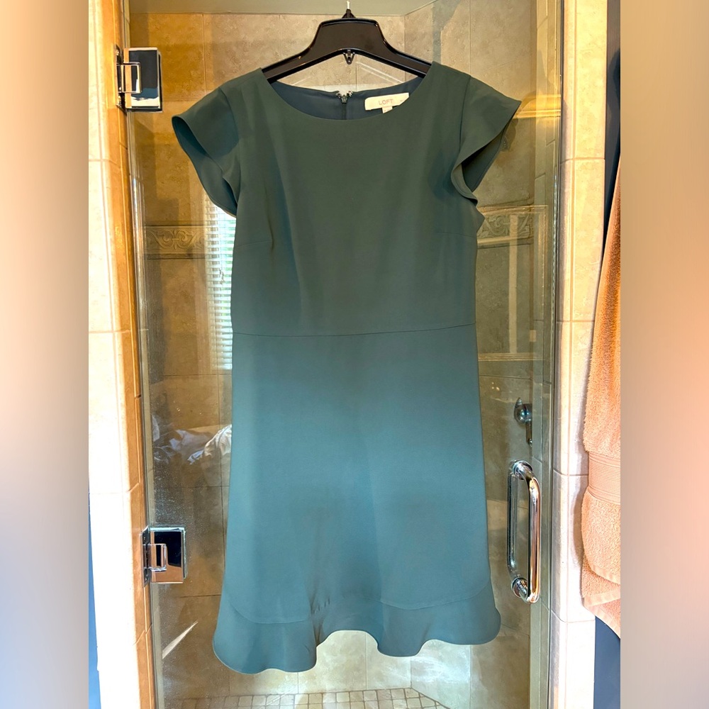 Loft flutter-sleeve and flutter-hem dress, size 8 Petite, dark green